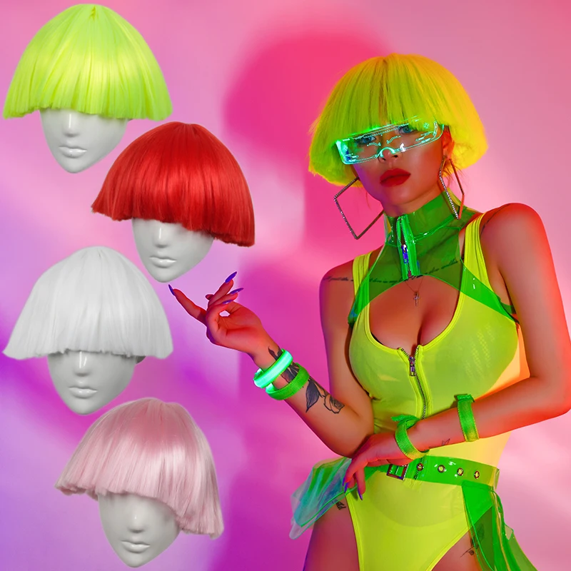 Nightclub Bar DJ Stage Rave Clothes Yellow Wig Broom Short Hair Mushroom Head Wig Cosplay Party Accessories Gogos Costume BL5411