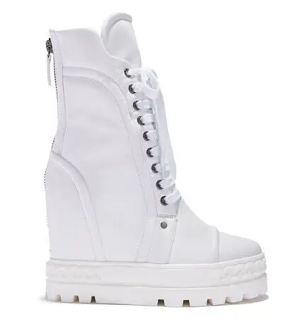 

New Woman White Black Genuine Leather High Top Sneakers 8 cm Height Increasing Thick Sole Platform Wedge Short Combat Boots