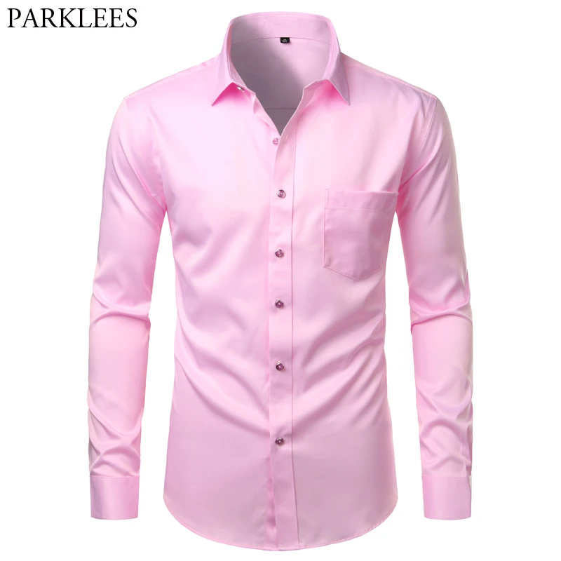 Pink Mens Dress Shirts Long Sleeve Bamboo Fiber Button Down Shirt Men Casual Slim Fit Non Iron Easy Care Wrinkle Free Shirt Male