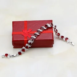 Oval Red Rhinestone White CZ Charm 925 Sterling Silver Chain Link Bracelet For Women Free Gift Box