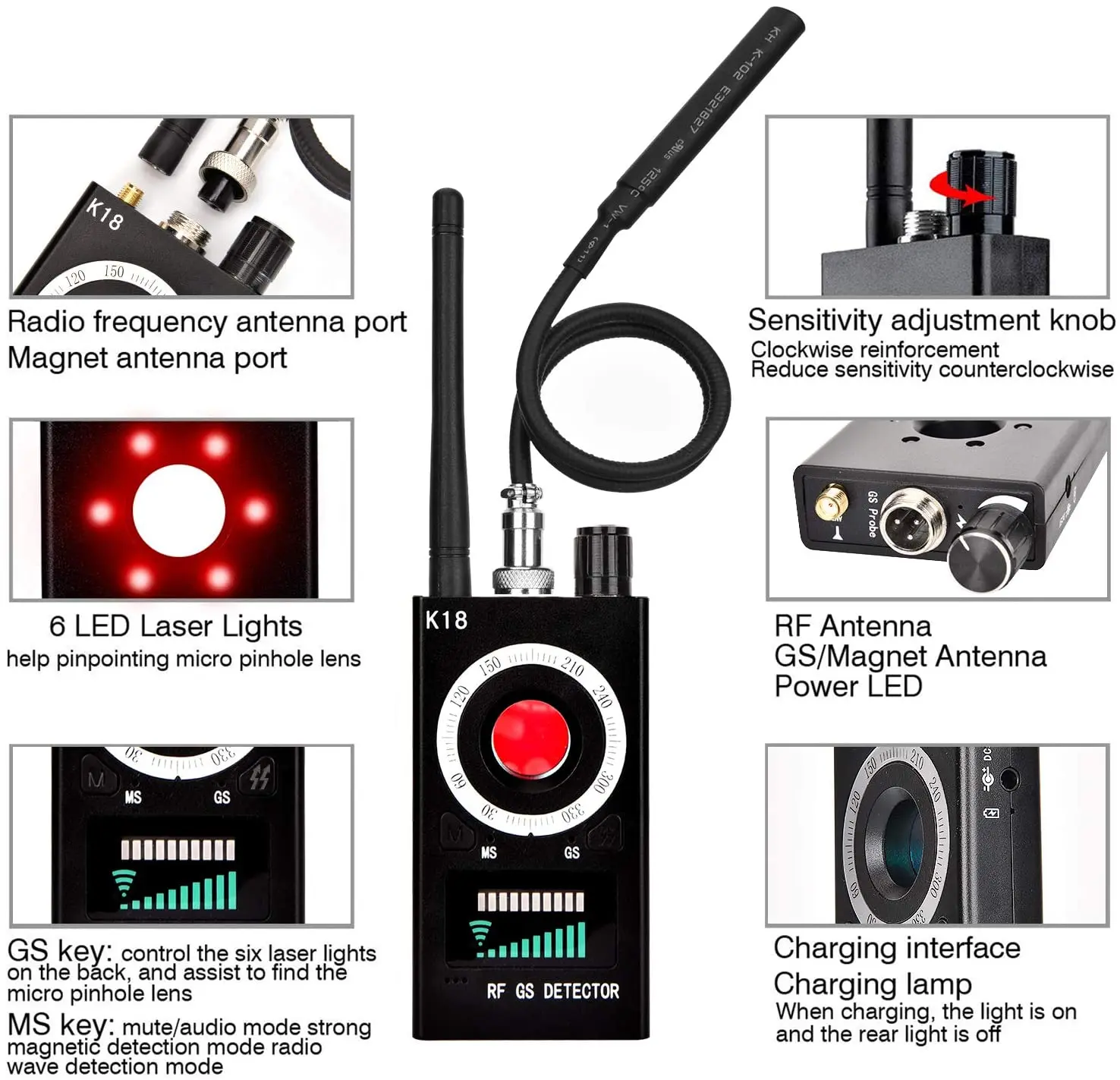 Detector multifunción RF antiespía, buscador de dispositivos de escucha GSM, señal WiFi, rastreador de lentes de señal GPS, escáner de Radio de