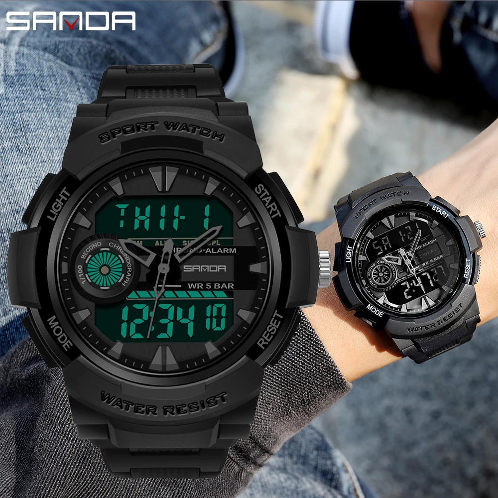 SANDA Men\'s Sport Watches Multifunctional Chronograph Waterproof Wristwatch LED Digital Military Quartz Clock Relogio Masculino