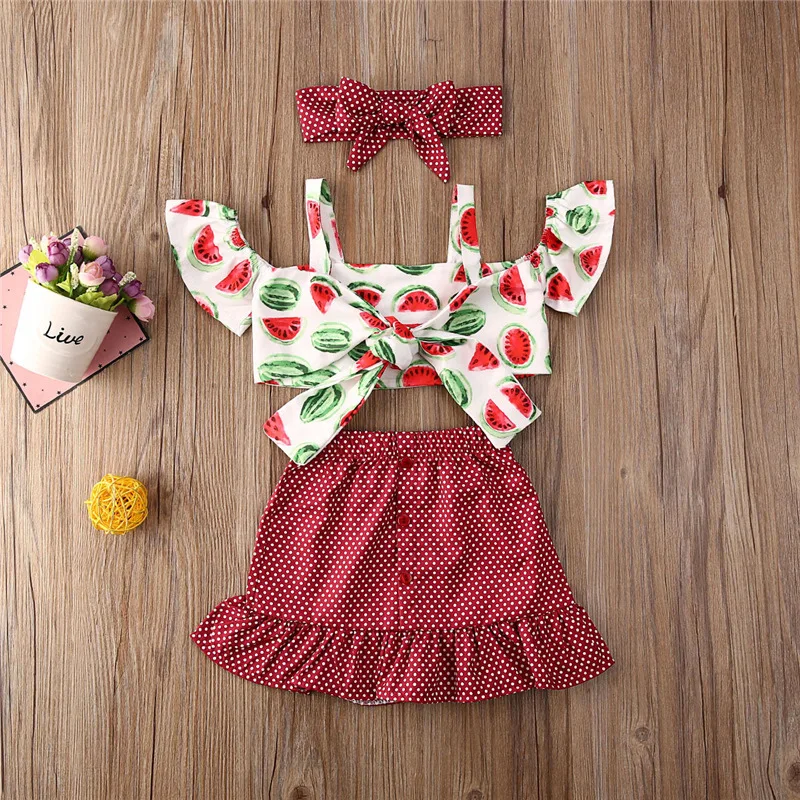 1-6Y Summer Girls Clothing Sets Baby Kids Clothes Suit Children watermelon suspender top+polka dot skirt suit 3Pcs girl clothing