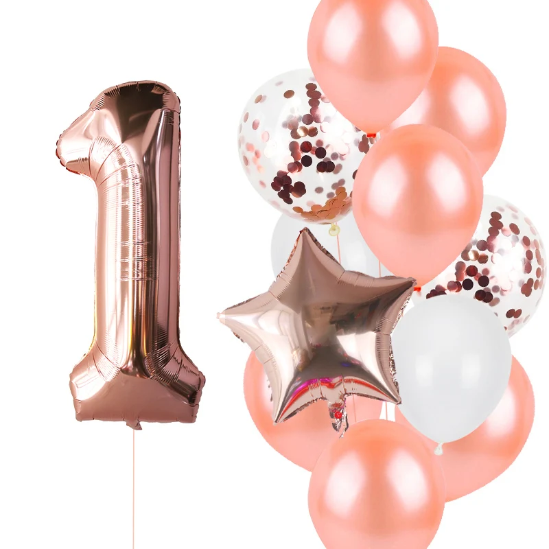 12pcs Rose Gold Number Foil Balloons Birthday Party Decoration Kids 1st First Baby Girl Princess 1 2 3 4 5 6 7 8 9 Years Old