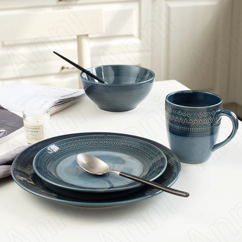 

Retro Ceramic Plates Sets Relief Decorative Western Steak Dish Dining Table Desktop Fruit Salad Dishes Kitchen Tableware Set