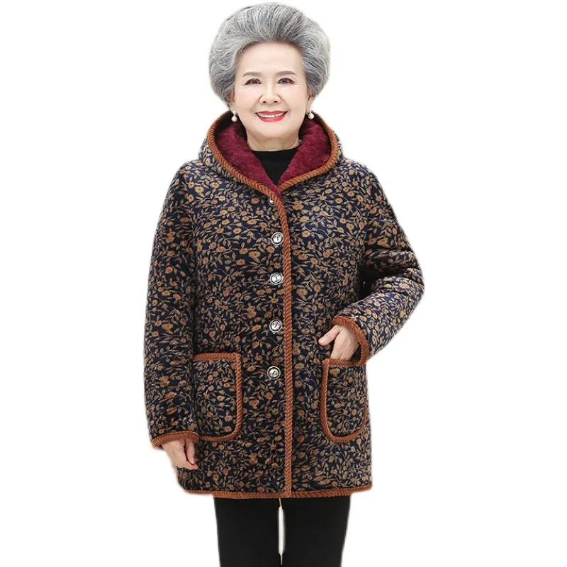 Middle-Aged Elderly Grandmother Cotton Padded Clothes Winter Coat Parkers Add Velvet Thicken Warm Women\'s Jackets  Overcoat 5XL