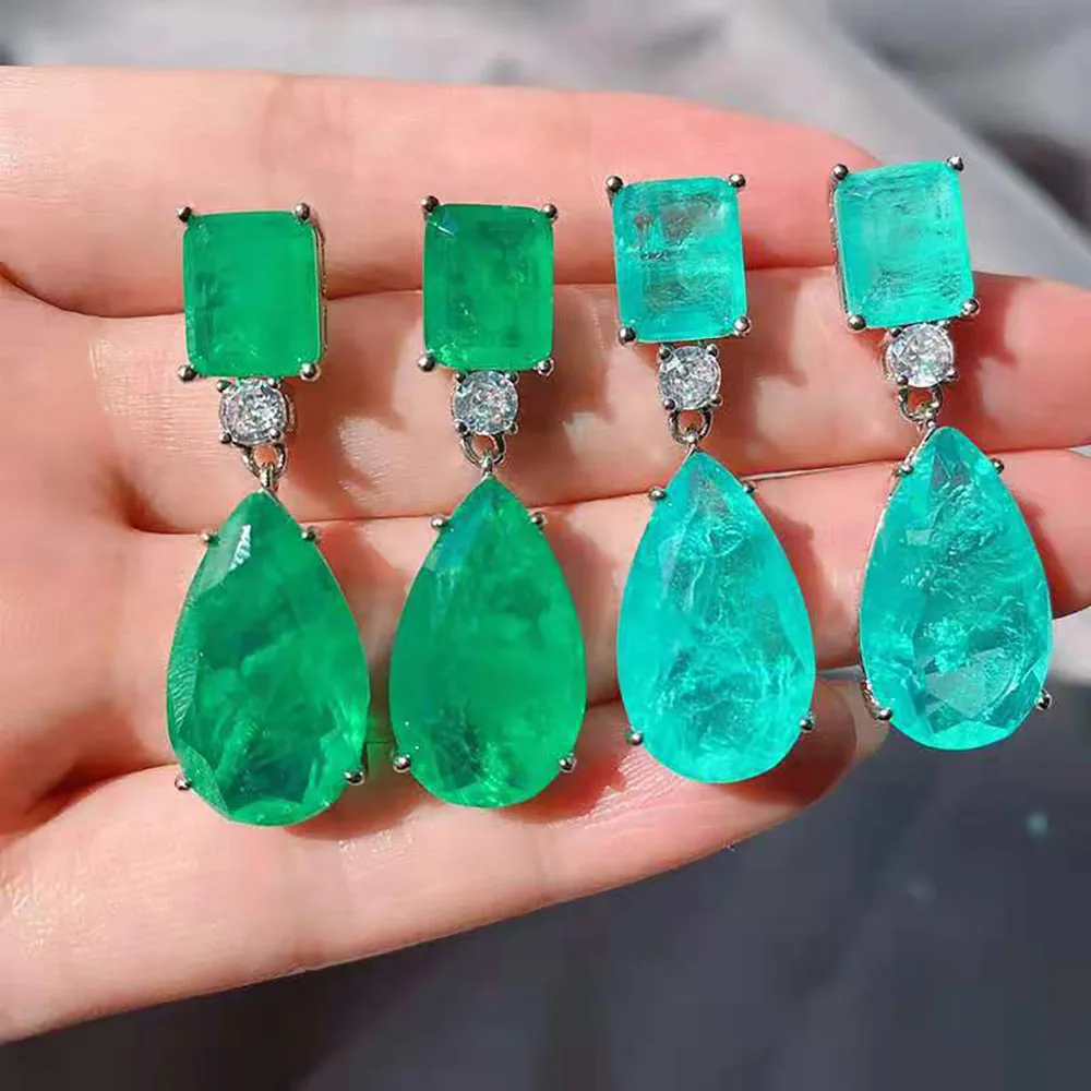 2021 Trend Paraiba Tourmaline Emerald Gemstone Big Drop Earrings for Women Cocktail Party Fine Jewelry Anniversary Female Gift