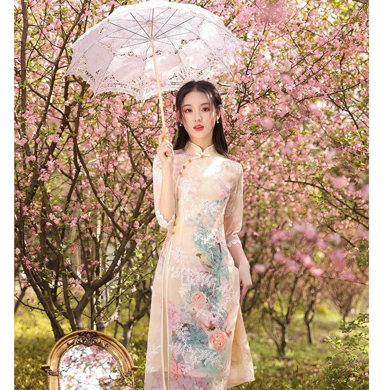 Phương Đông Áo Người Phụ Nữ Thanh Lịch Trung Quốc Qipao Sườn Xám Châu Á Đầm Hiện Đại Năm 2022 Truyền Thống Đầm Ren Hoa Vintage Đảng