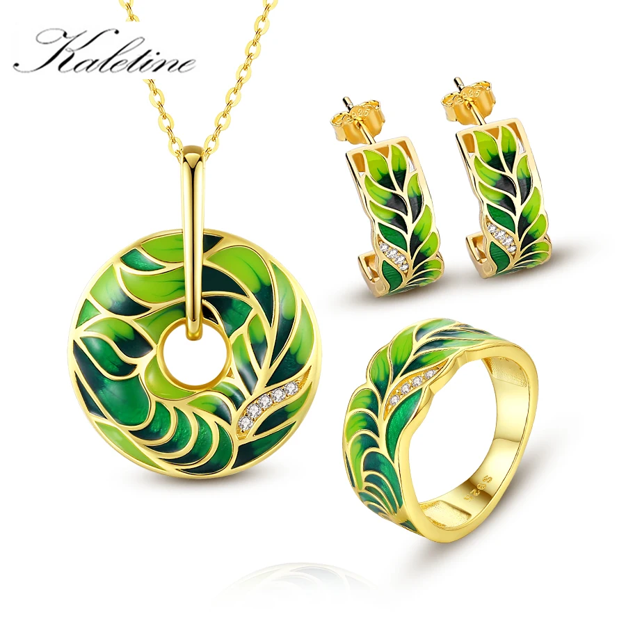 KALETINE Vintage Flower Ring Necklace 925 Sterling Silver Huggie Drop Earrings for Women Bohemian Round Party Enamel Jewelry Set