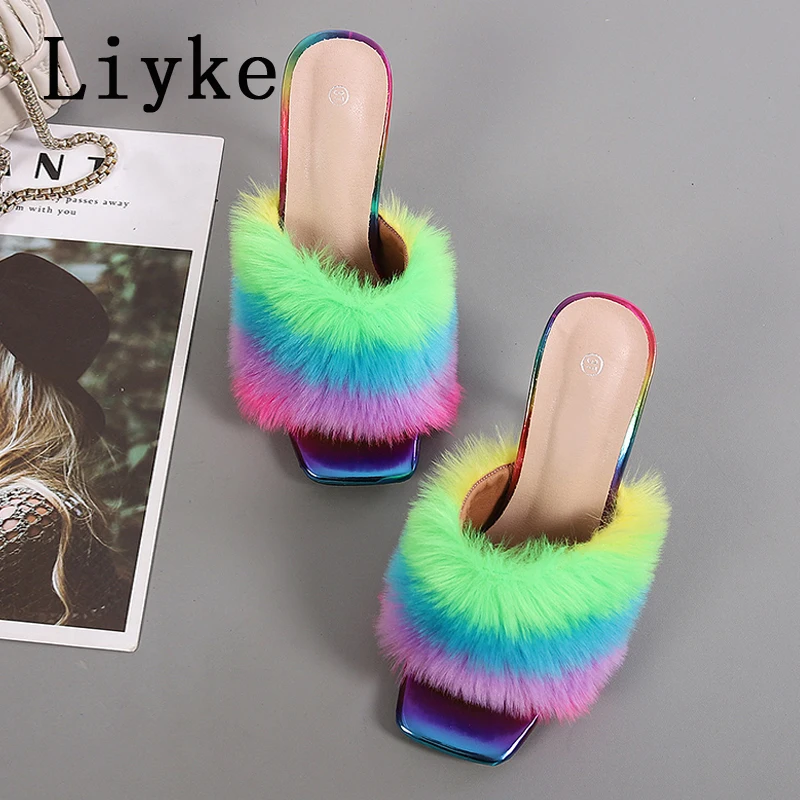 Liyke 9CM Transparent High Heels Fur Slippers Women Feather Sandals Peep Toe Mules Lady Pumps Slides Party Shoes Pink