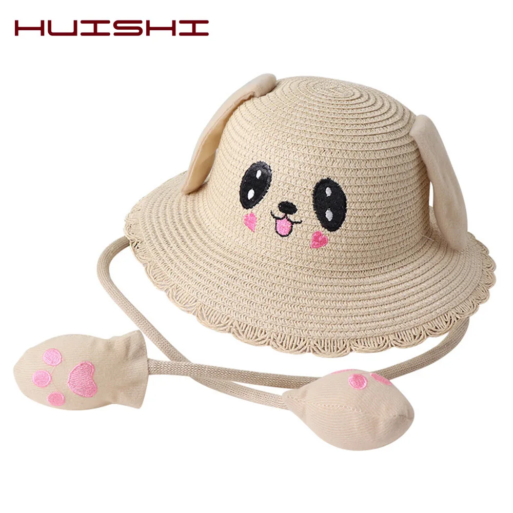 HUISHI Summer Hat For Baby Girl Straw Cute Cartoon Dance Airbag Ears Rabbit Hat For Kids Boy Girls Beach Panama Cap Foldable