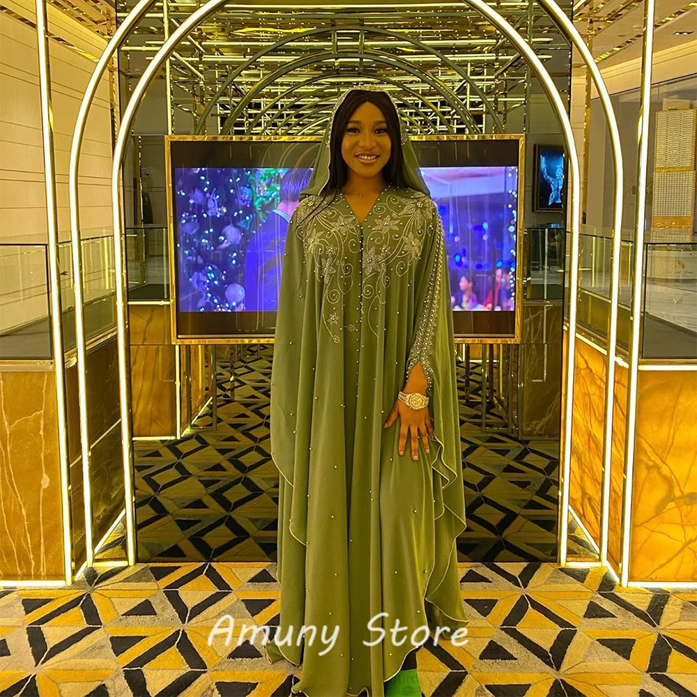 African Dress With Hood For Woman Chiffon Fabric Hot Fix Rhinestone And Beading Craft 2020 Fashion Robe For Lady