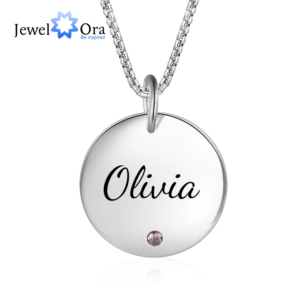 

Personalized Engraved Necklace with Birthstone Custom Name Simple Round Pendant Women Stainless Steel Jewelry(JewelOra NE103308)