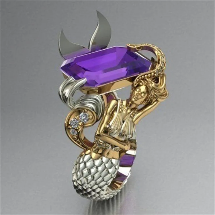 Milangirl Creative Personality  Two-tone Purple Zircon Mythology Figure  Rings for Women Punk Style Mermaid Ring