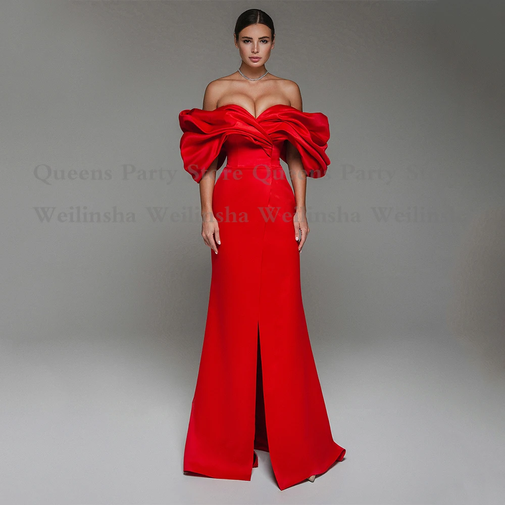 Red Mermaid Prom Dresses Customized Off Shoulder Ruched Pleat Satin Party Gowns Sweep Train Front Slit Arabian Evening Dress