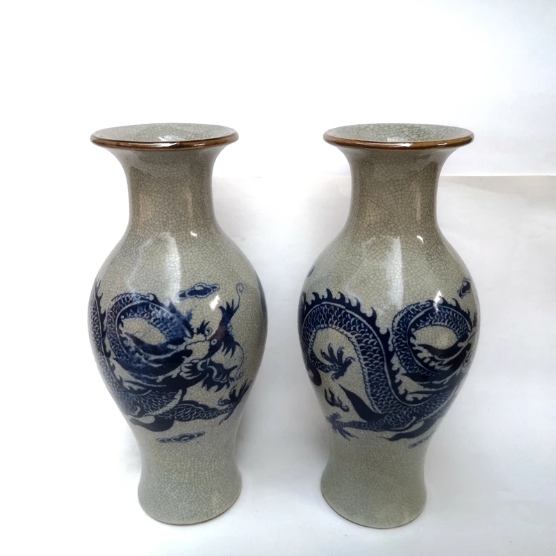 YIZHU CULTUER ART Collection a Pair Chinese Old blue-and-white Porcelain Dragon Vase H 9.5 inch Family Decoration Gift