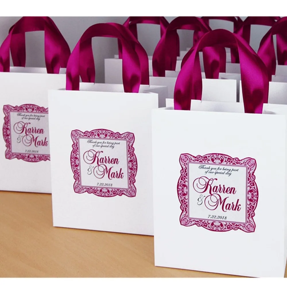 Personalized Wedding Welcome Bags with Fucshia satin ribbon  and custom tag, Elegant Paper Bags for Wedding Favors for guests