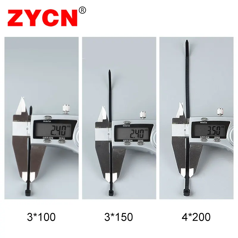 ZYCN 300pcs Plastic Cable Tie Self-Locking Black Set 3*100 3*150 4*200mm Wraps Ring Loop Nylon Wire Zip Industrial Fasteners