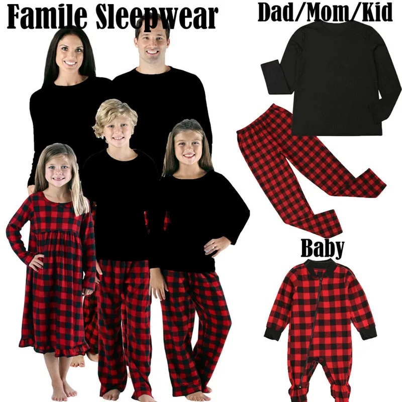 PUDCOCO Adults Baby Kids Christmas Family Matching Pajamas Set Sleepwear Xmas Plaid Nightwear Outfits 2Pcs/set