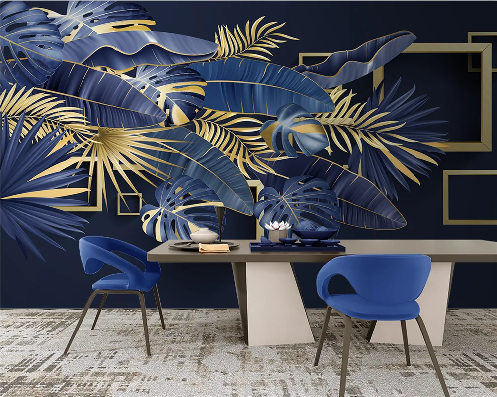 

beibehang Custom modern papel de pared Nordic tropical plants light luxury lapis lazuli blue background wallpaper