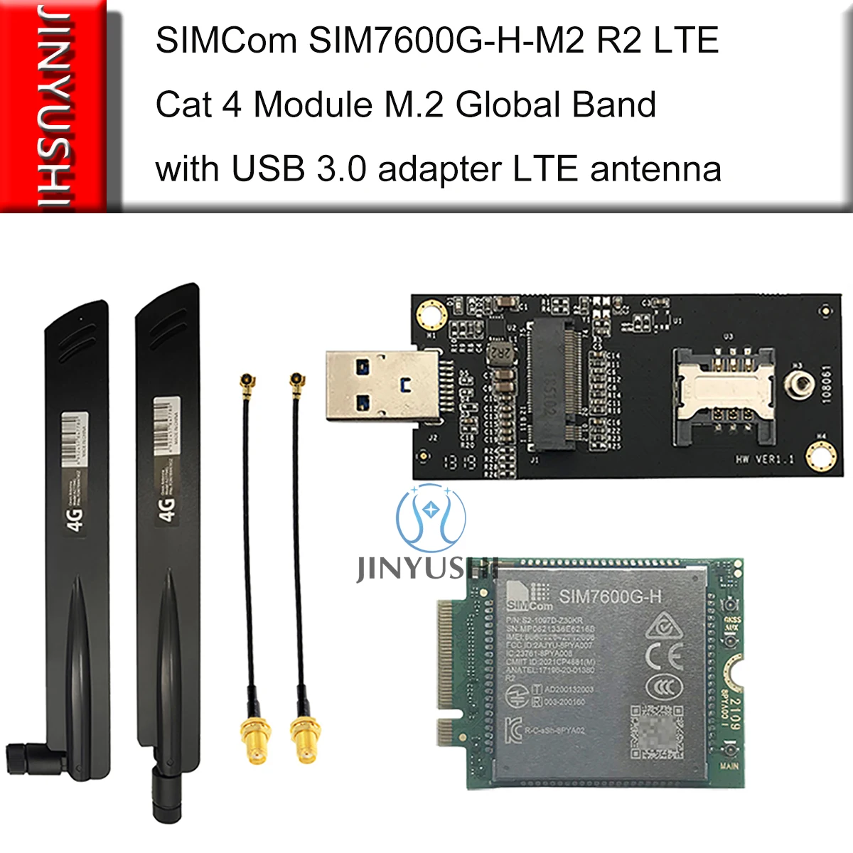 SIMCom SIM7600G-H-M2 R2 LTE Cat 4 Module M.2 Global Band with USB 3.0 adapter LTE antenna