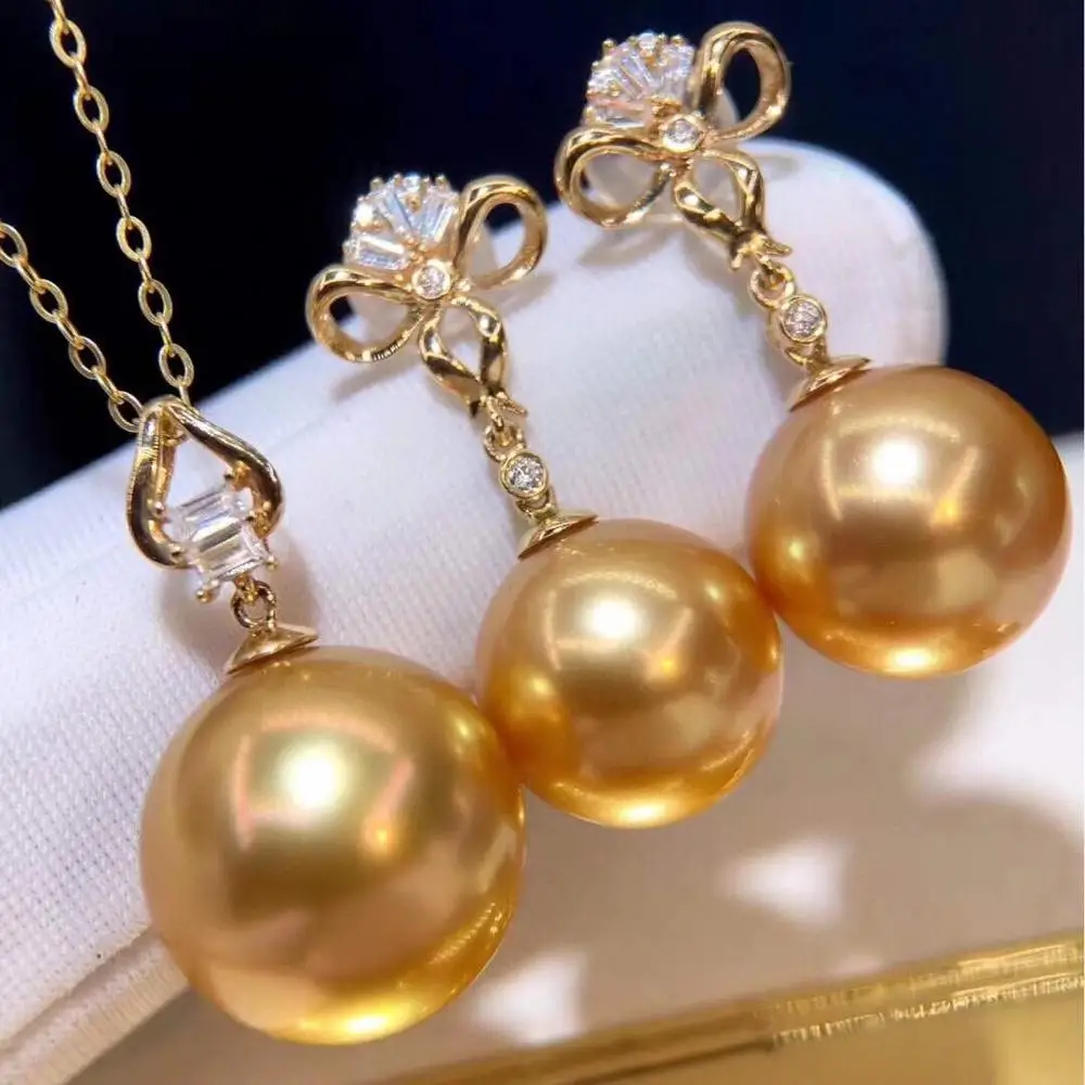 D919 Pearl Set Fine Jewelry Solid 18K Gold Round 9-12mm Nature Salt Sea Water Golden Pearls Jewelry Sets for Women Presents