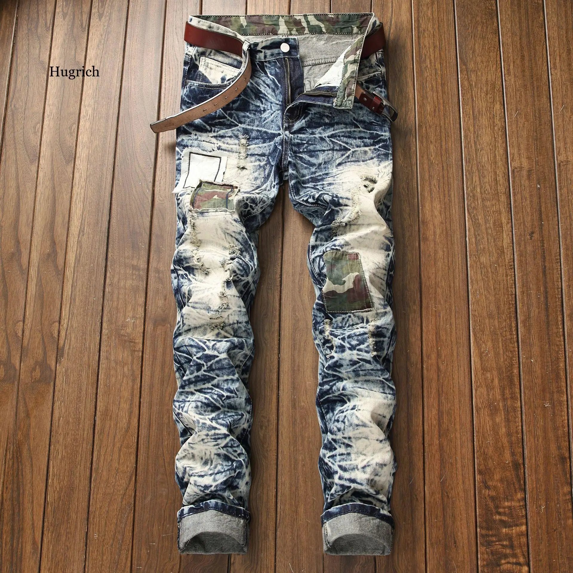 

Men Denim Trousers Ripped Holes Slim Straight Zipper Jeans Pants European American Style Famous Brand Men Fashion Sticking Cloth