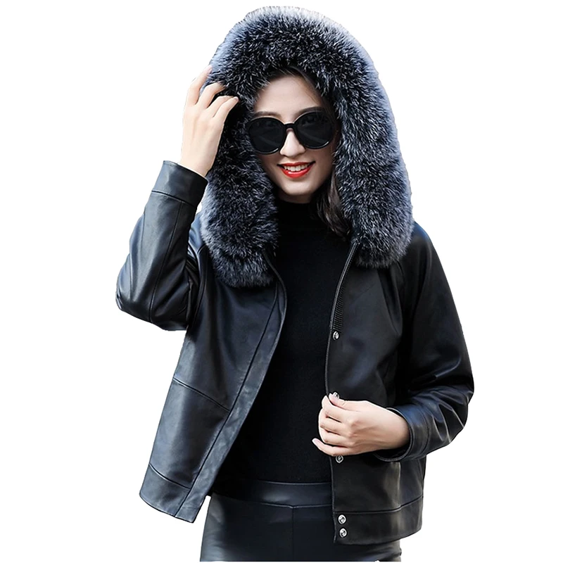 High quality Winter women's Real Leather Down Jacket Fox fur collar Hooded Short Sheepskin Coat Down liner Warm Outerwear 3185