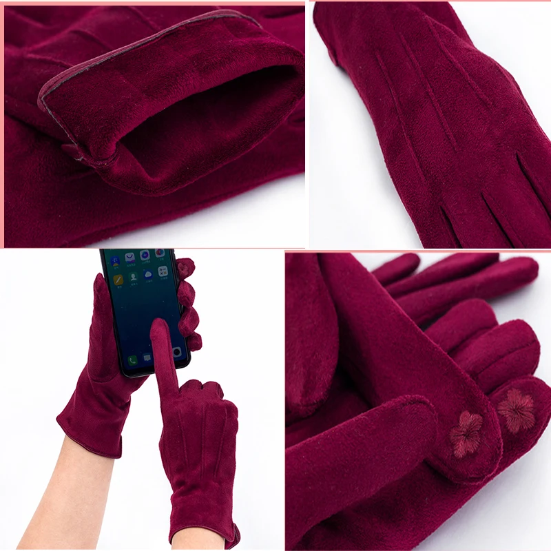 Women Winter Plus Velvet Keep Warm Touch Screen Thicken Stripe Solid Elasticity Suede Gloves Outdoor Sport Cycling Drive Mittens