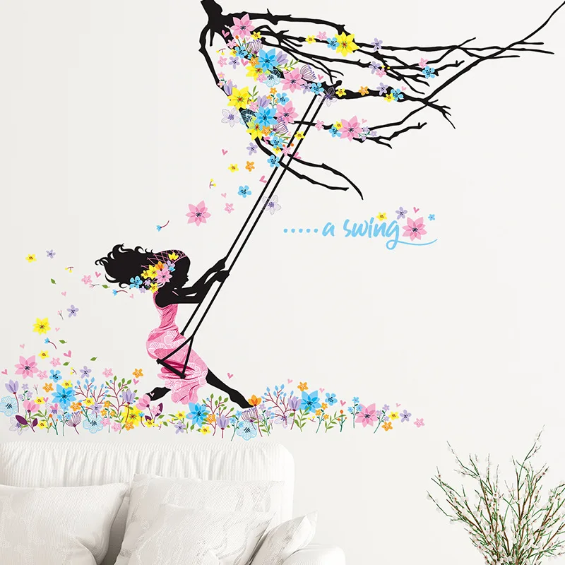 

Beautiful Flowers Girl Swinging Wall Stickers For Home Decoration Living Room Background Wallpaper Bedroom Self-adhesive Decals