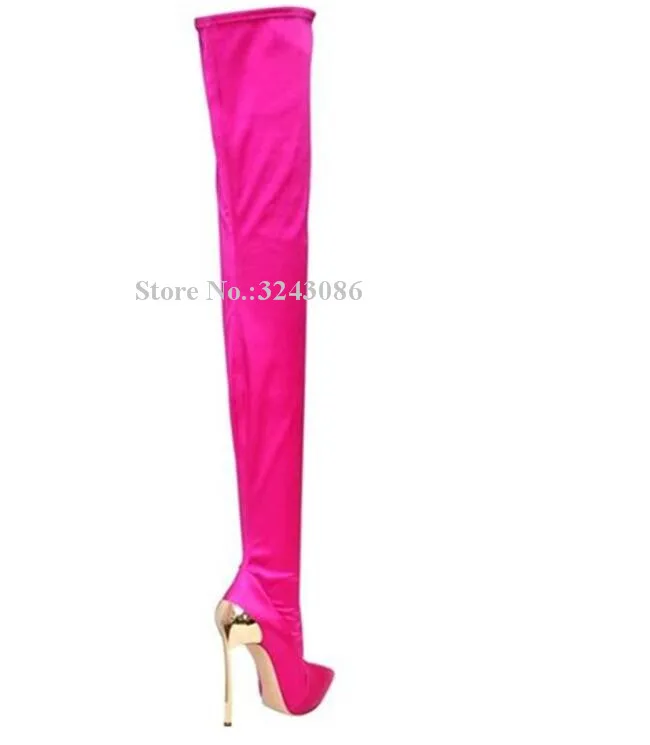 Fashion Rose Red Satin Metal Heel Long Boots Women Sexy Pointed Toe Stiletto Heel Elastic Over the Knee Thigh High Boots Lady