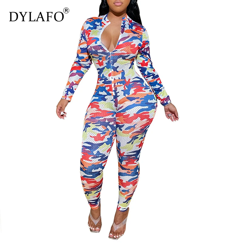 

Elastic Grid Print Sexy Sporting Jumpsuit For Women Three Color Camouflage Skinny Rompers Female Party Club Outfit Overalls Slim