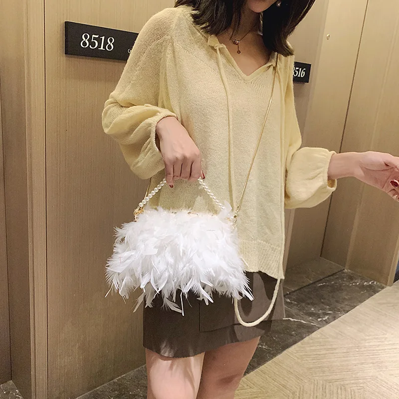 Women Fashion Pearl Beading Handbag Ladies Clutch Party Evening Bag Real Turkey Feathers Chain Shoulder Princess Crossbody Flaps