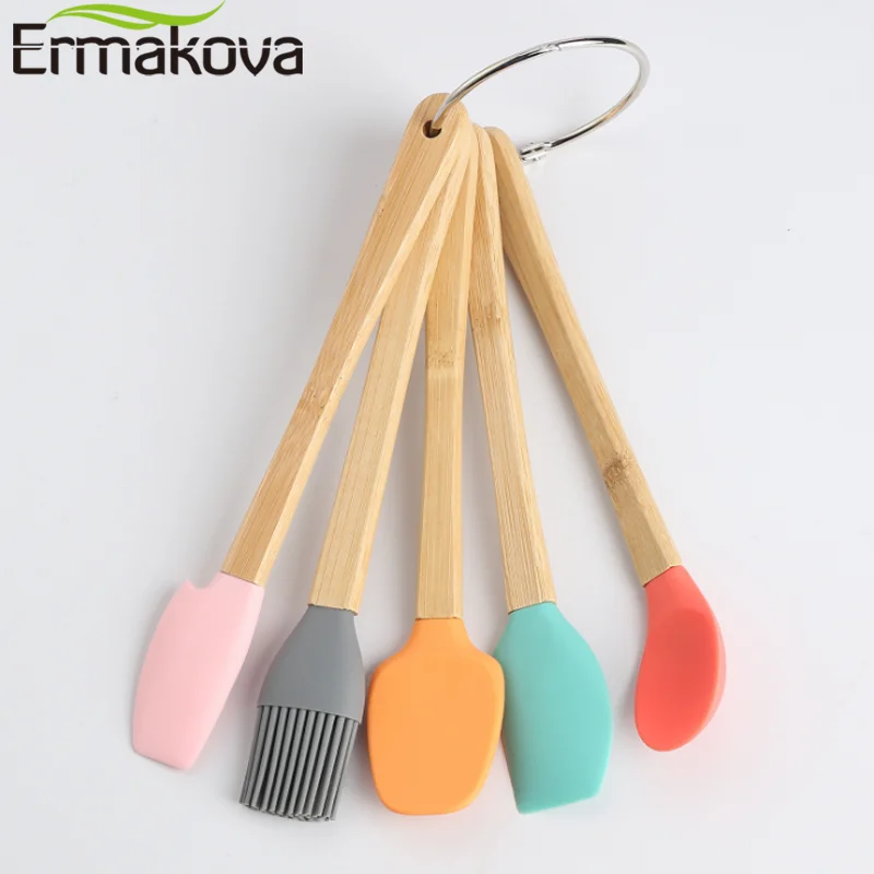 ERMAKOVA 5 Pcs Mini Silicone Spatula Silicone Spoon Baking Brush with Healthy Oak Handle for Cooking and Baking Kitchenware Set