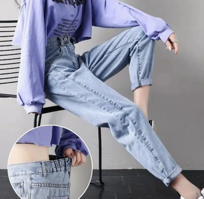 Long  Pants Cotton Straight Jeans Woman Elasticity High Waist Jeans Woman  Mom Jeans Blue Loose Harem Pants Winter