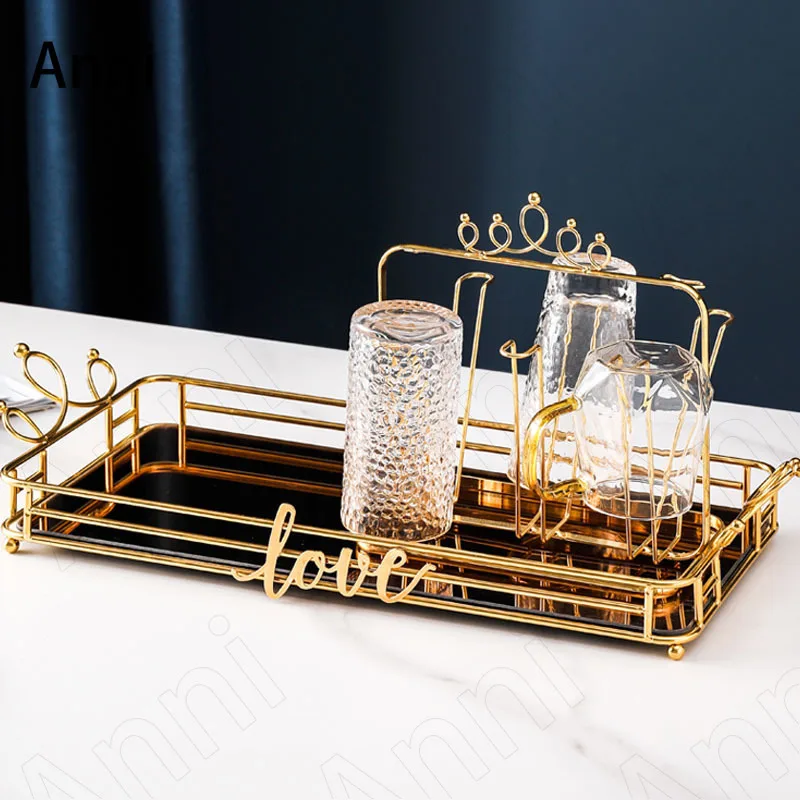 Creative Golden Crown Mirror Trays Decorative European Modern Coffee Table Desktop Tea Cup Wine Set Storage Tray Home Decoration