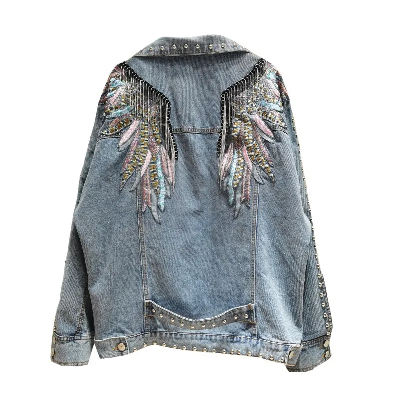 Rivet Wings Punk Coats Women Casual Embroidered Denim Jacket 2021 Sprint Short Denim Coat Jackets for Women Long Sleeve