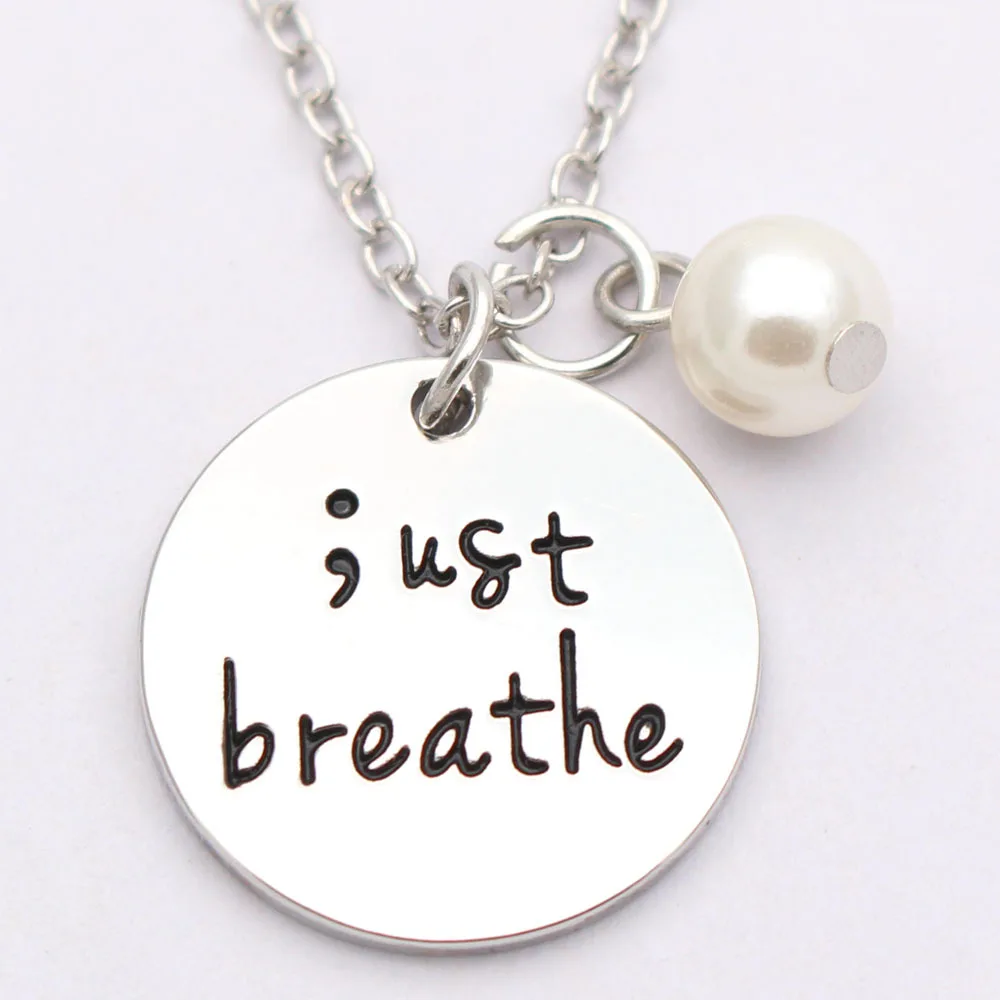 Just Breathe Semi Colon Mental Health Keychain Keyring or Necklace Inspiration Jewelry Gifts for Mom, Bff, Sister