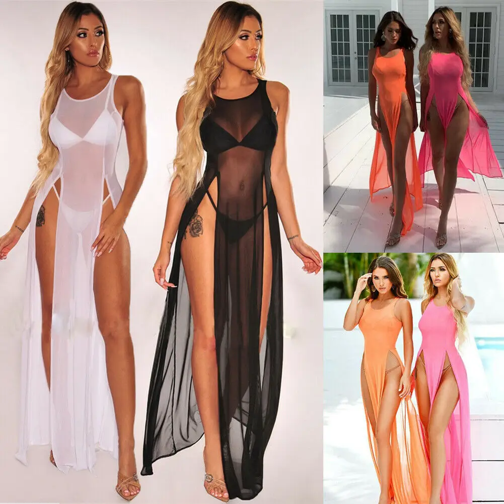 Vendita calda Sexy Women Mesh Sheer Long Maxi Dress Evening Party Beach Dresses Sundress Bikini Cover Up See-through Tulle Cover-Ups