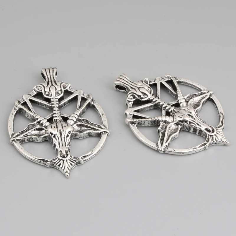 5pcs Silver Color 46.5x34.5mm Pan God Skull Goat Head Charms Pentagram Pendant Fit DIY Handmade Metal Jewelry Findings Supplies