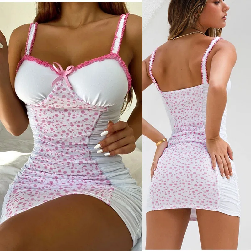 

SKMY New Pink Polka Dot Printed Lace Patchwork Bowknot Bodycon Sexy Dress Hot Summer For 2024 Tank Strap Dress Women Clothing