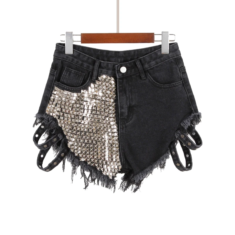 Sexy Women Rivet Denim Shorts hollow out 2022 New Summer Spring Women High Waist Jeans Shorts wide leg women hot shorts KZ77