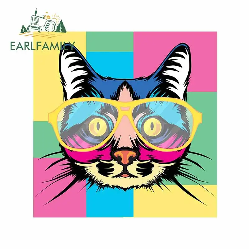 EARLFAMILY 13cm x 12.6cm For Funny Cat Pink Glasses Car Stickers Campervan Decal Car Accessories Decoration Suitable for VAN RV