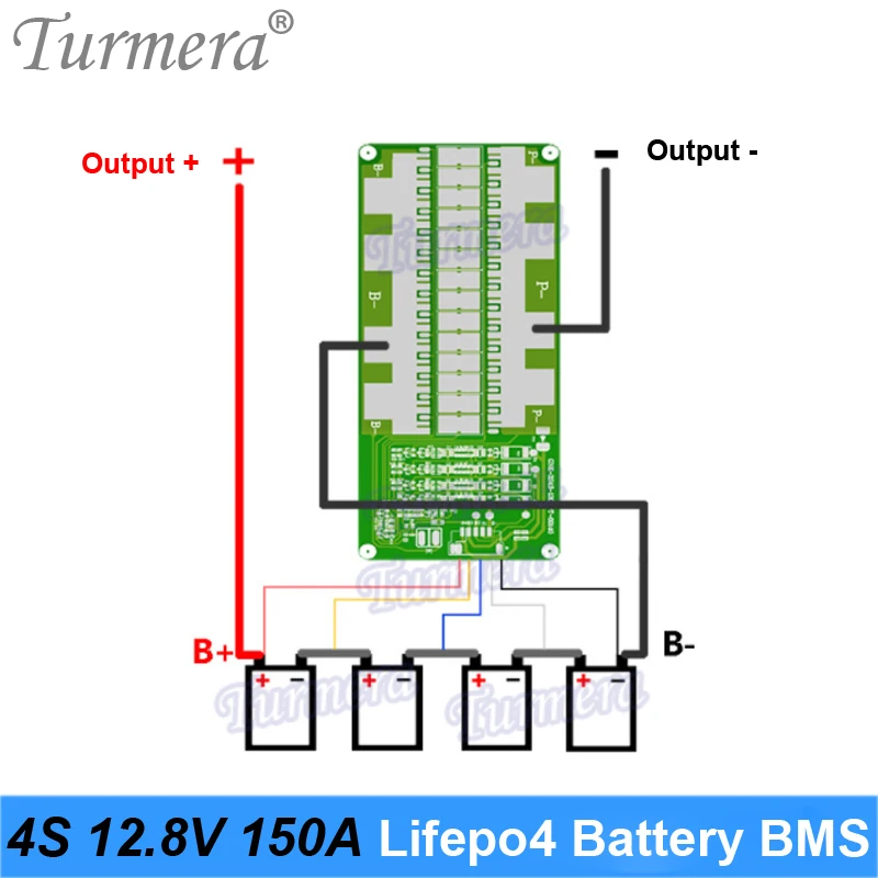 Turmera 4S 12,8 V 150A Lifepo4 BMS 92mA corriente de equilibrio para sistema de energía Solar de batería Lifepo4 de 3,2 V 100Ah 280Ah 310Ah o uso UPS