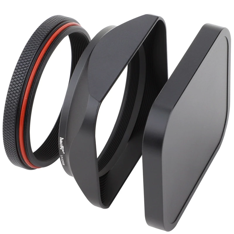 Haoge Square Metal Lens Hood with Cover Cap and 49mm Adapter Ring for Fuji X100V X100F X100S X100T X70 Camera Black