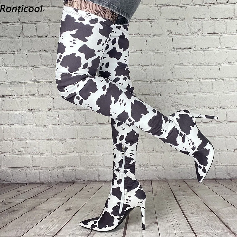 

Ronticool Handmade Women Spring Thigh Boots Side Zipper Sexy Stiletto Heel Pointed Toe Beautiful Cow Party Shoes Us Size 5-15