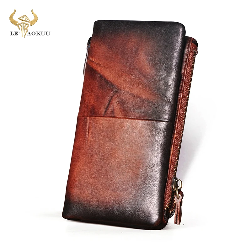 

2021 New Wine Natural Real leather Vintage Checkbook Card Case Snap Chain Organizer Wallet For Men Male Purse Design Clutch 1029