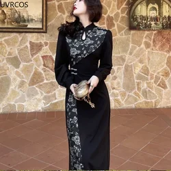 Traditional Chinese Qipao Dress Women Vintage Floral Sex Black Cheongsam Oriental Style Lady Spring Autumn Elegant Party Dresses