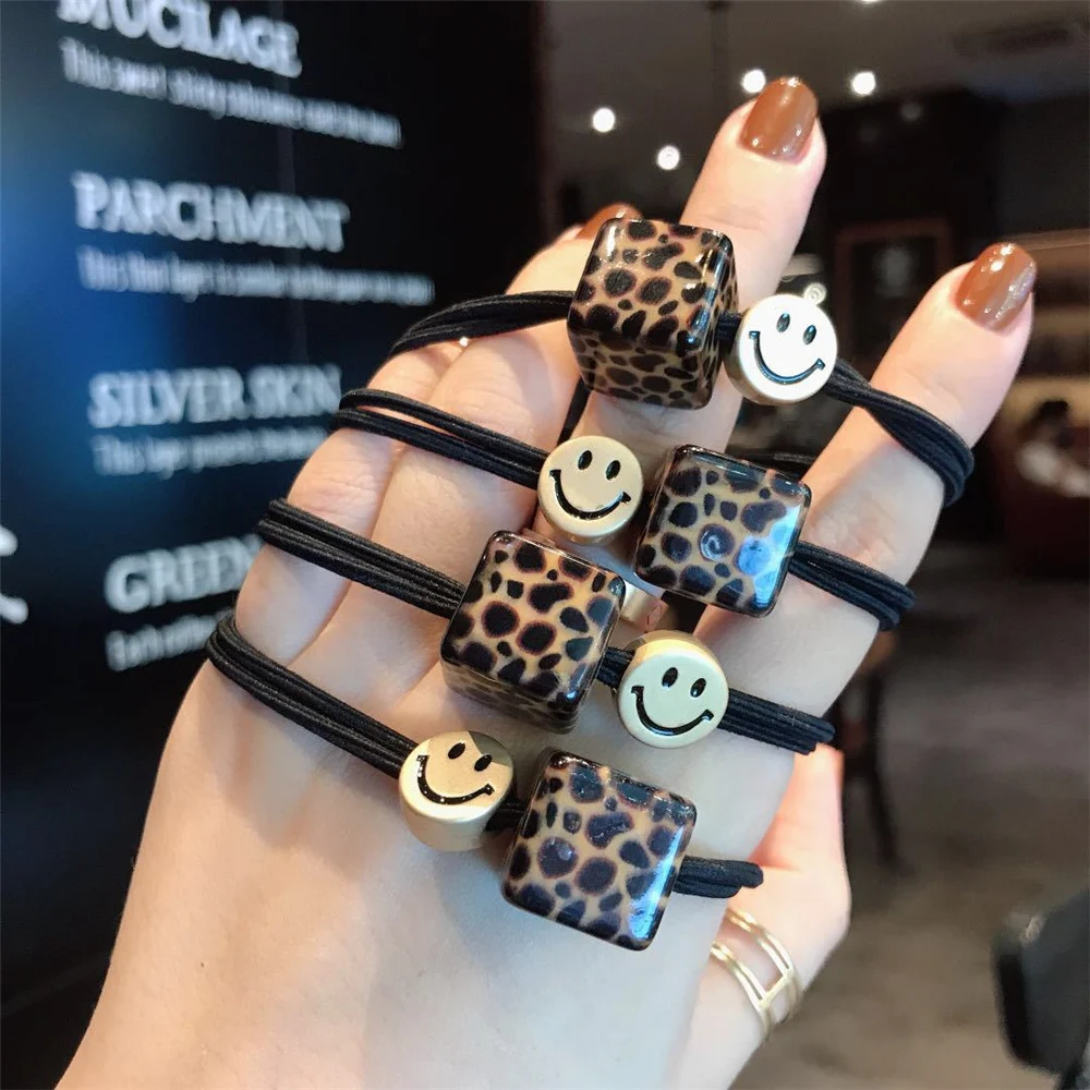 Girls Smile Rubber Bands Leopard Hair Ropes Women Ponytail Hair Elastic Band Made Of Hair Rubber Hair Bundle Hair Accessories