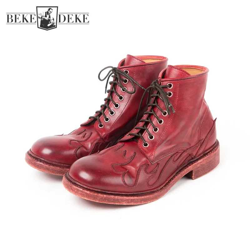 Italy Vintage 100% Genuine Leather Boots Men High Quality Handmade Cow Leather Designer Shoes Size 45 Red Cowboy Boots Men